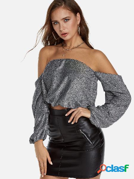 Grey Off The Shoulder Long Sleeves Top
