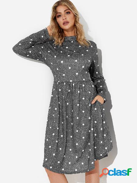 Grey Polka Dot Round Neck Long Sleeves Middle Waist Dress