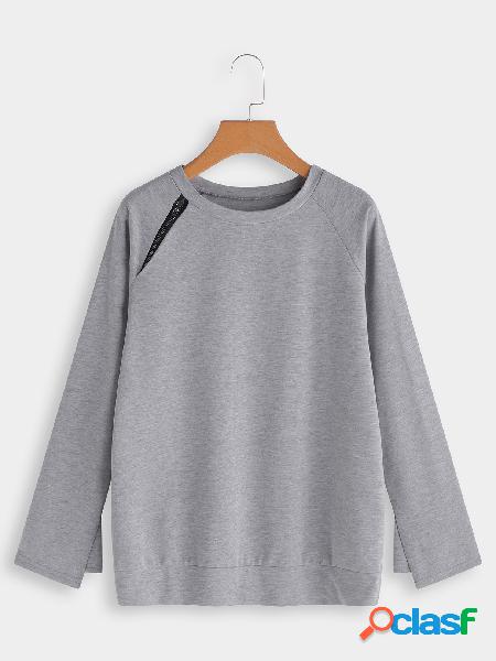 Grey Zip Design Plain Crew Neck Long Sleeves T-shirts