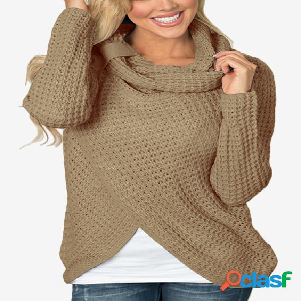 Khaki Fashion Crossed Front Design Turtleneck Long Sleeves