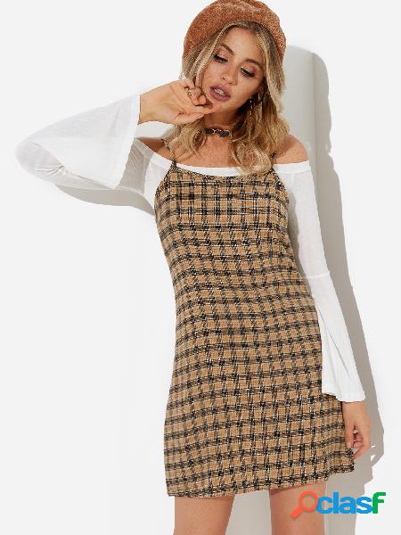 Khaki Grid Spaghetti Sleevelesss Zip-back Design Dress
