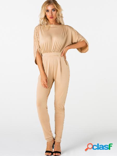 Khaki Pleated Design Half Sleeves Jumpsuit