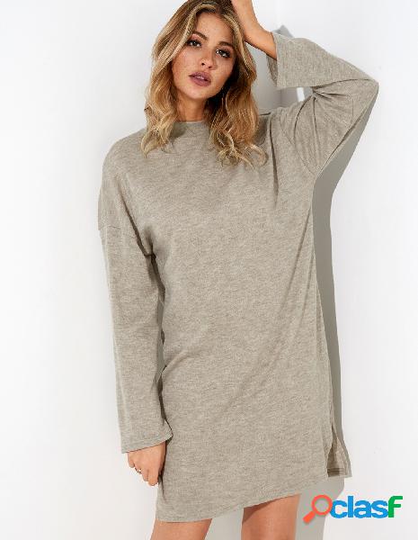 Khaki Slit Design Plain Perkins Collar Long Sleeves Midi