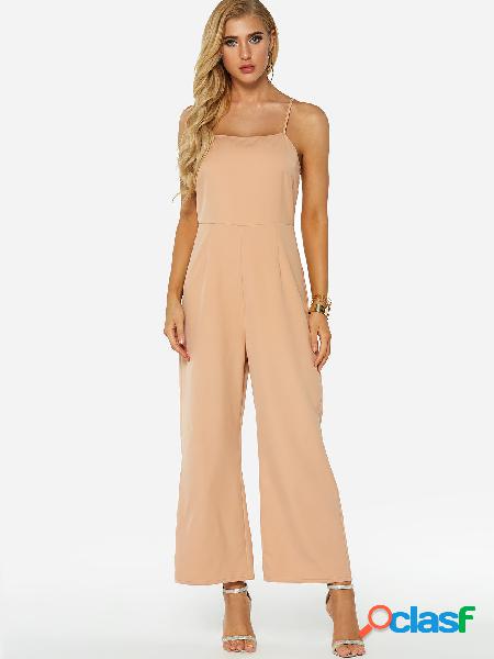 Khaki Zip Back Square Neck Sleeveless Wide Leg Jumpsuit