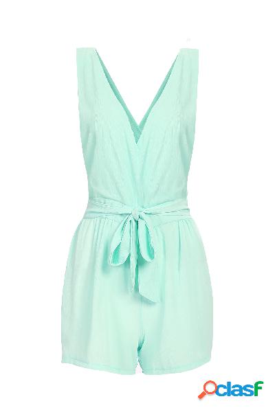 Mint Semi-sheer Plunge V-neck Self-tie Playsuit