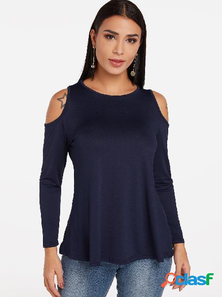Navy Cold Shoulder Long Sleeves Round Neck T-shirt