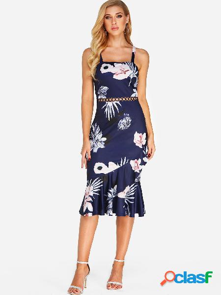 Navy Hollow Design Random Floral Print Fishtail Dress