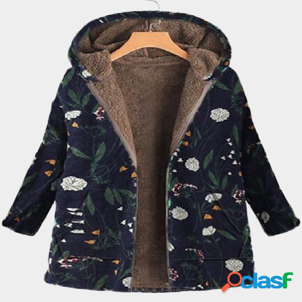 Navy Hooded Design Floral Print Long Sleeves Fluffy Lining