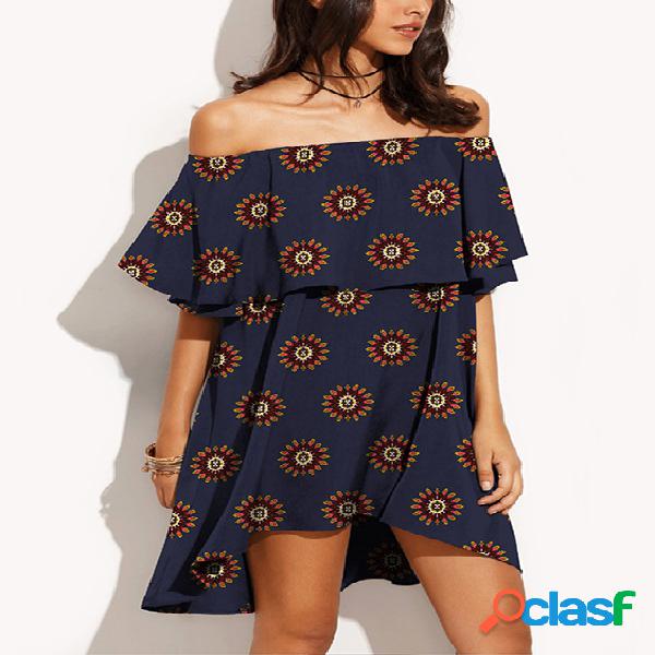 Navy Off Shoulder Kaleidoscope Print Dress