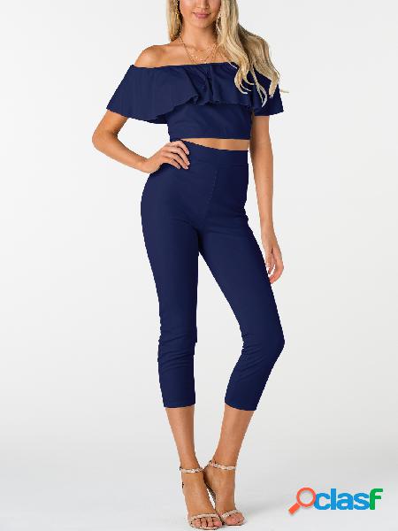 Navy Off-The-Shoulder Ruffle Design Two Piece Outfits