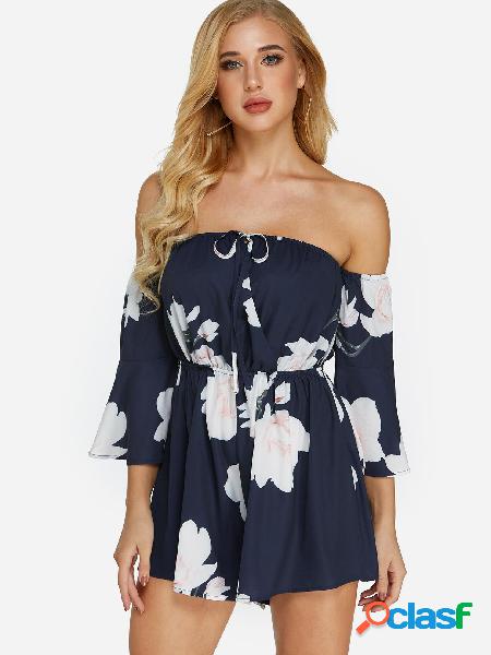 Navy Self-tie Design Random Floral Print Off Shoulder