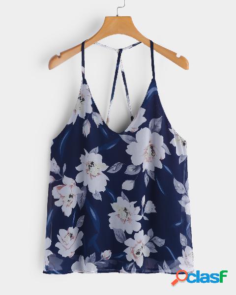 Navy Spaghetti Floral Print V-neck Camis