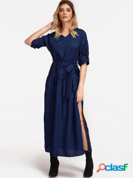 Navy V-neck Slit Hem Maxi Party Dresses with Belt