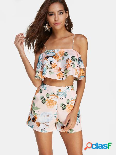 Pink Floral Print Spaghetti Ruffle Detail High Waist Co-ord
