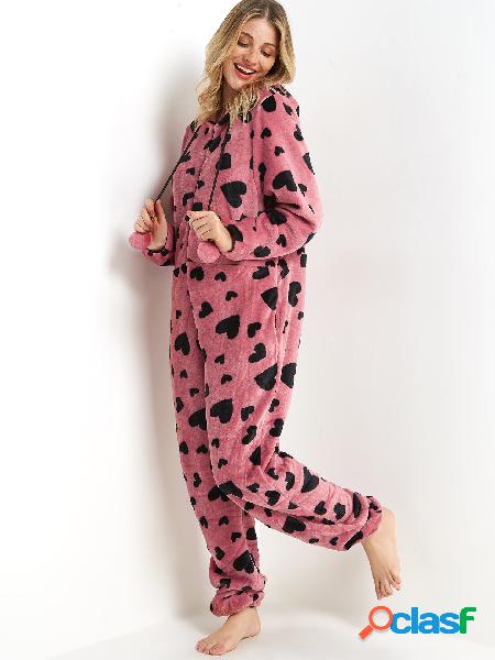 Pink Love Print Front Zip Side Pocket Fleece Hooded Onesie