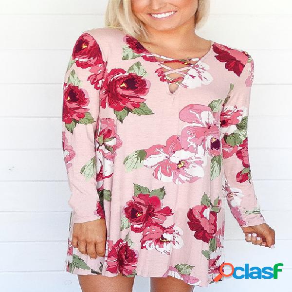 Pink Oversize Criss-cross Front Floral Print V-neck Dress