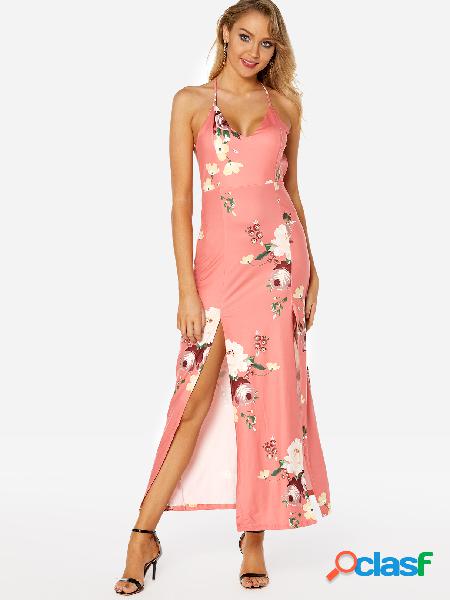 Pink Random Floral Print Deep V Neck Slit Hem Party Dresses