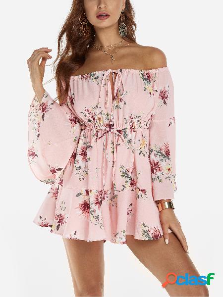 Pink Random Floral Print Off Shoulder Flared Sleeves