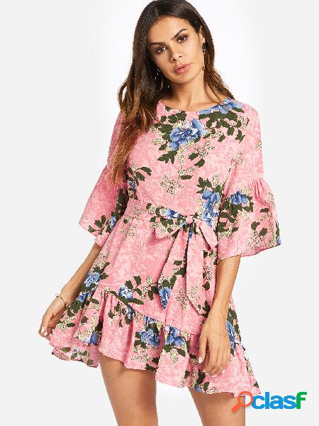 Pink Self-tie Design Random Floral Print Round Neck Half