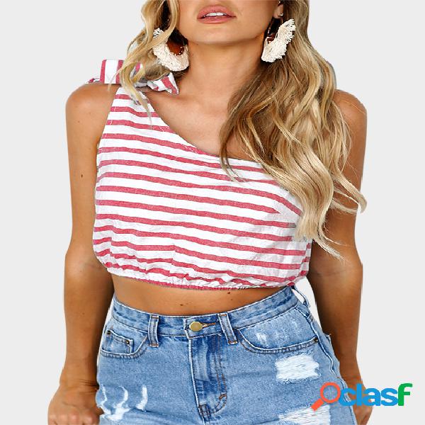 Pink Self-tie Design Stripe One Shoulder Sleeveless Crop Top