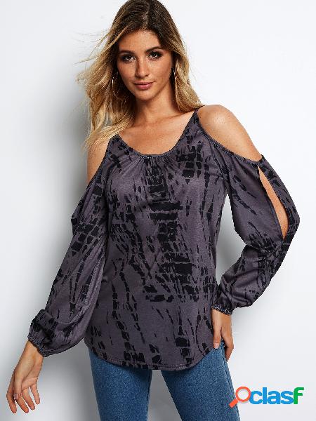 Purple Contrast Printed Cold Shoulder Long Sleeves Cut Out