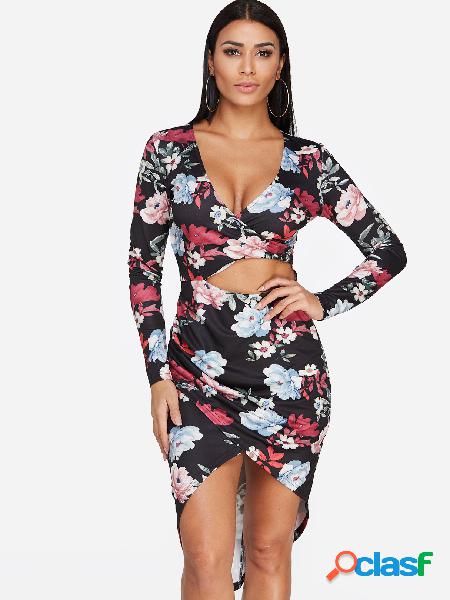 Random Floral Print Crossed Front Design Long Sleeves Dress