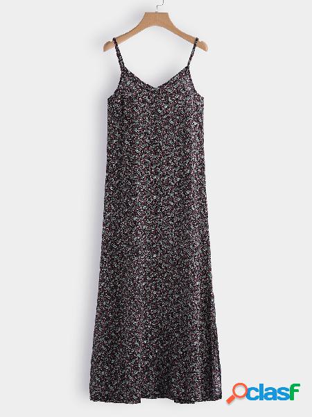Random Floral Print Spaghetti V-neck Splited Hem Dress