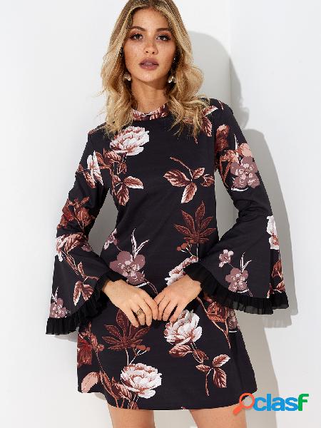 Random Floral Print Stand Neck Bell Sleeves High Waisted