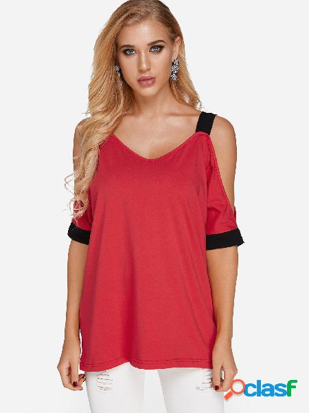 Red Cold Shoulder Half Sleeves T-shirt