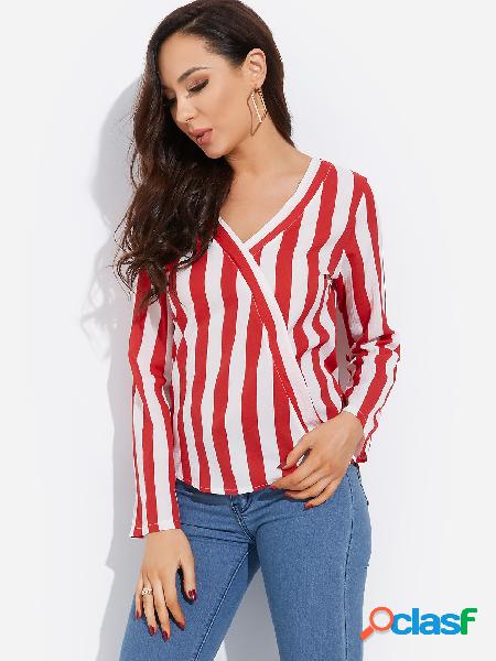 Red Crossed Front Design Stripe V-neck Long Sleeves Shirt