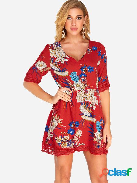 Red Hollow Design Random Floral Print V-neck Mini Dress