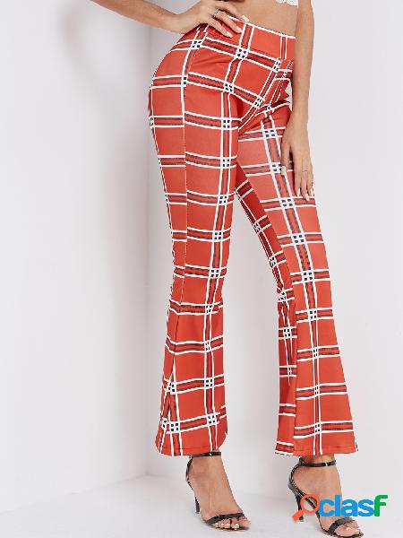 Red Plaid Wide Leg Mid Waist Pants