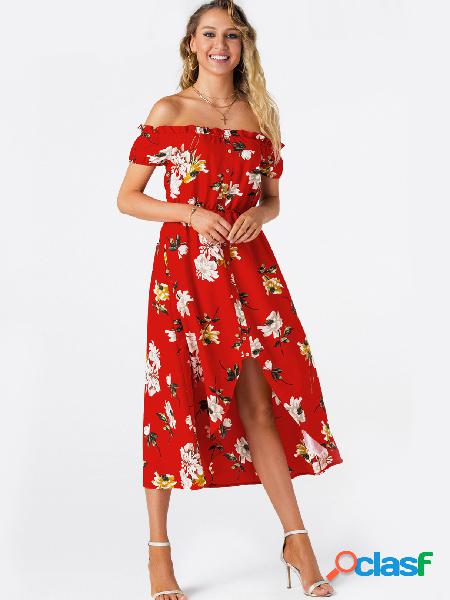 Red Random Floral Off The Shoulder High-low Hem Maxi Dress