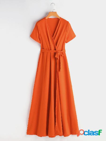 Red Self-tie Design V-neck Short Sleeves Dress