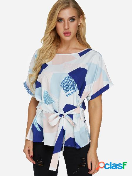 Self-tie Design Random Geometrical Pattern Round Neck Short