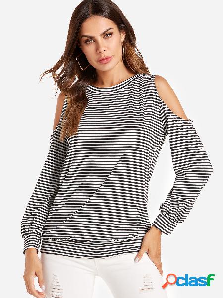 Stripe Cold Shoulder Long Sleeves T-shirt