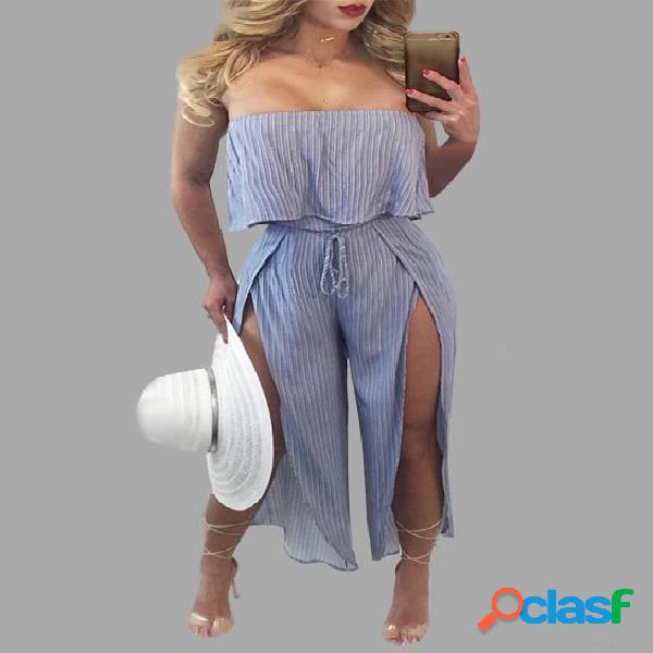 Stripe Pattern Off Shoulder Slit Hem Jumpsuit