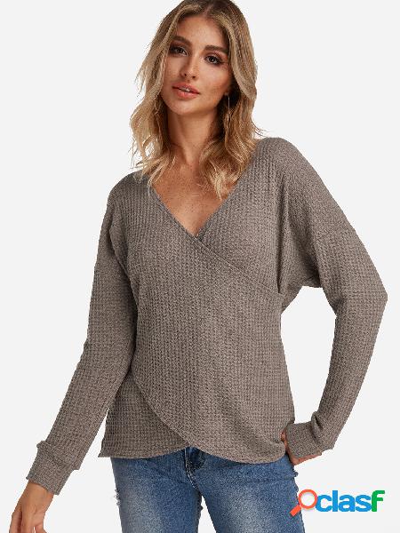 Taupe Crossed Front Design V-neck Long Sleeves Knitted Top