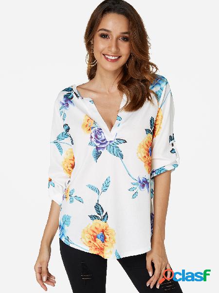 White Button Design Random Floral Print V-neck Shirt