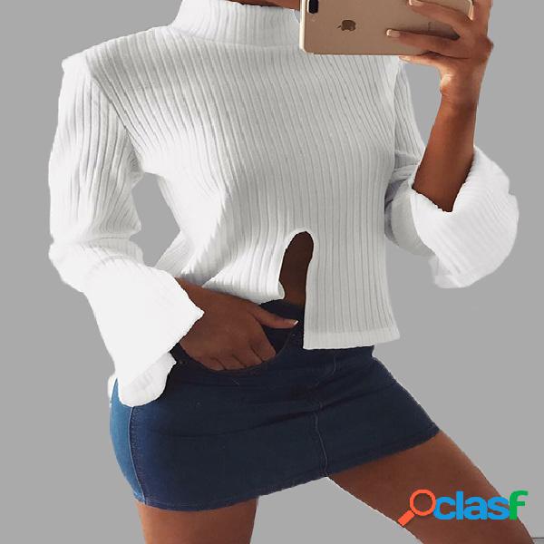 White Mock Neck Long Sleeves Slit Hem Knitwear