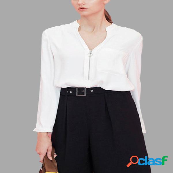 White V-neck Long Sleeves Chest Pocket Shirt