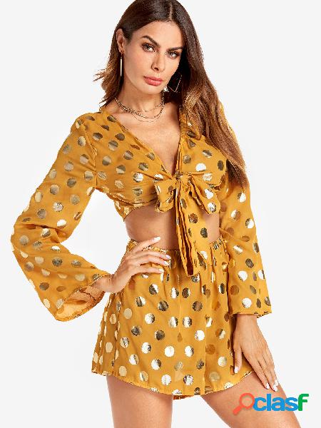 Yellow Bowknot Design Gold Polka Dot Deep V Neck Two Piece