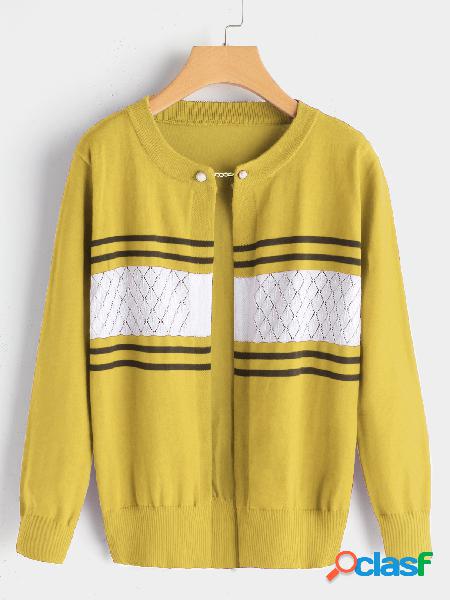 Yellow Button Keyhole Design Stripe Long Sleeves Coat