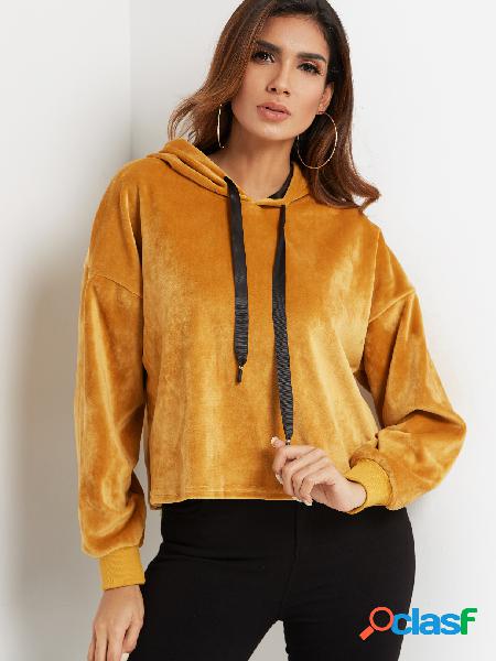 Yellow Hooded Design Plain Long Sleeves Hoodie