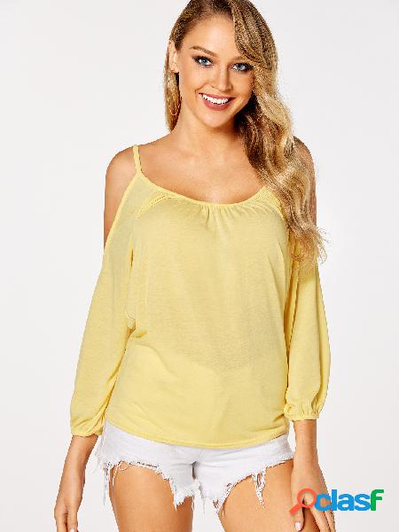 Yellow Pleated Design Plain Cold Shoulder Long Sleeves
