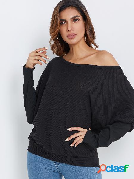 Black Plain One Shoulder Bat Long Sleeves Top
