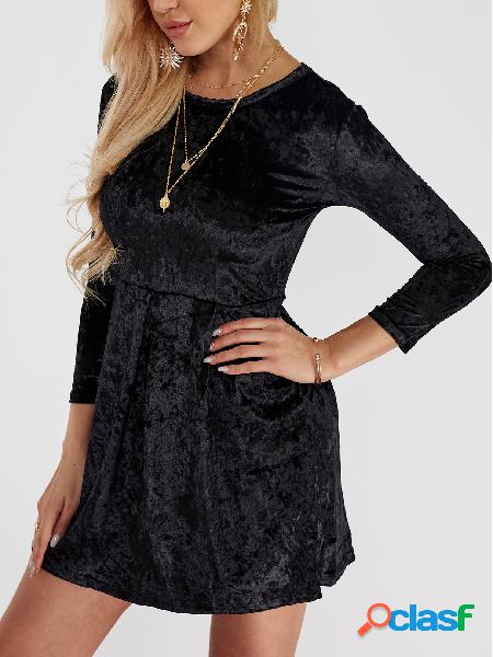 Black Plain Round Neck Flounced Hem Mini Dress