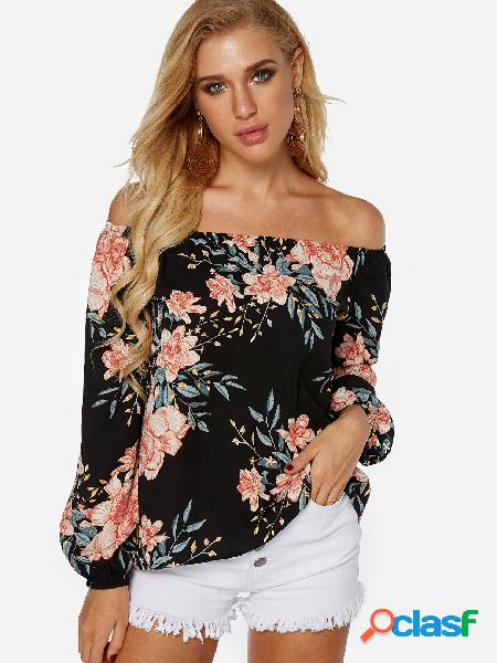 Black Random Floral Print Off Shoulder Long Sleeves Blouse