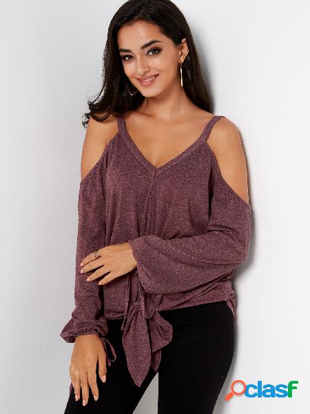 Burgundy Tie-up Design Plain Cold Shoulder Long Sleeves