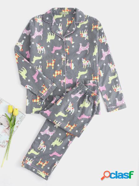 Grey Cute Dot Print Button Up Open Front Pockets Pajamas